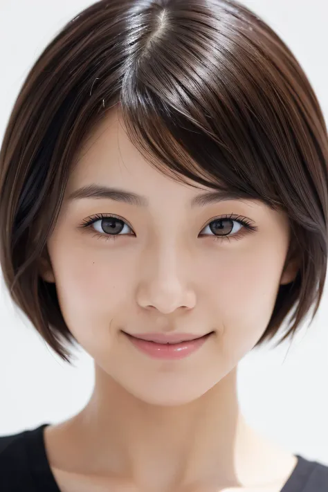 Realistic photo, beautiful 20 year old Japanese woman, short bob hair, close-up of face, straight on, slightly smiling, portrait, white background,