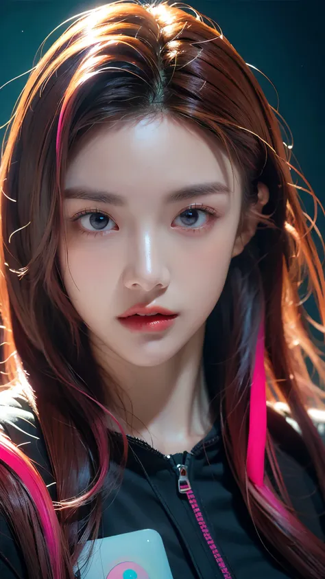 (masterpiece, highest quality, highest quality, Official Art, beautifully, aesthetic:1.2), Portrait Photography, (Cyberpunk fashion beautiful girl 1 person), Big iridescent eyes, Beautiful skin, Expressionlesoderate breast size, (Pink and blue long hair w...