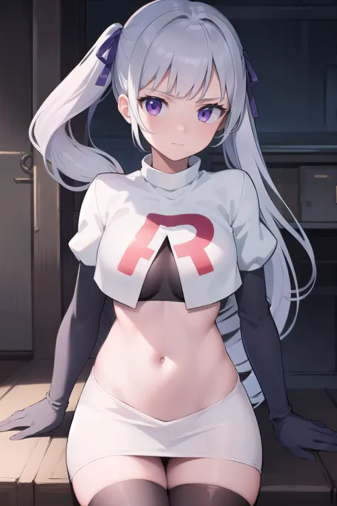noellesilva, noelle silva, hair ribbon, long hair, (purple eyes:1.1), silver hair, twintails,
BREAK team rocket,team rocket uniform,white skirt,red letter R,crop top,black thigh-highs,black elbow gloves,
BREAK looking at viewer,
BREAK (masterpiece:1.2), be...