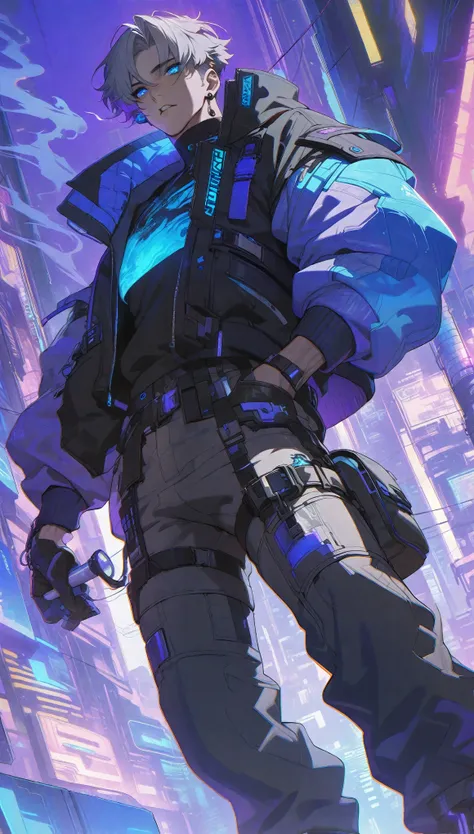 solo, (handsome), 1 male, short hair, gray hair, blue eyes, black light, smoke, smoking, blue fire, (cyberpunk clothing), ((masterpiece, detailed face, detailed eyes, cyberpunk aesthetic background: 1.3, dynamic angle))