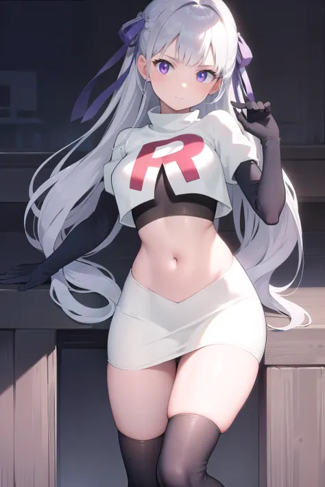 noellesilva, noelle silva, hair ribbon, long hair, (purple eyes:1.1), silver hair, twintails,
BREAK team rocket,team rocket uniform,white skirt,red letter R,crop top,black thigh-highs,black elbow gloves,
BREAK looking at viewer,
BREAK (masterpiece:1.2), be...