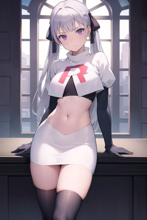 noellesilva, noelle silva, hair ribbon, long hair, (purple eyes:1.1), silver hair, twintails,
BREAK team rocket,team rocket uniform,white skirt,red letter R,crop top,black thigh-highs,black elbow gloves,
BREAK looking at viewer,
BREAK (masterpiece:1.2), be...