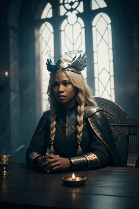 Sits at the table, blond hair, black skin, priestess, valkyrie style, black cassock, winged helmet on the head, scroll at the table with light blue runes, atmospheric scenery of the Game of Throne, masterfully rendered in high-resolution, 8K quality, with ...