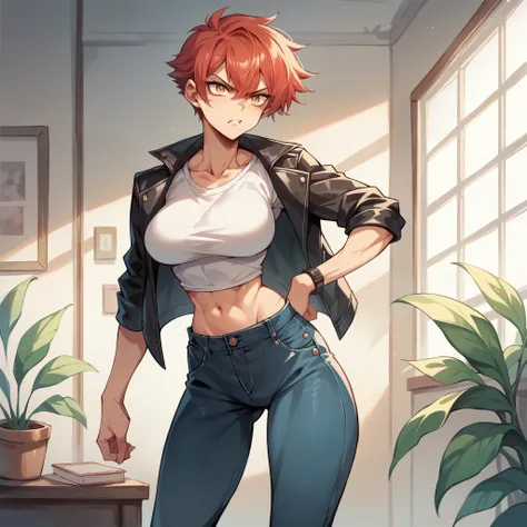 a mature tomboy with red hair and golden eyes. they have black jeans on with a white t-shirt. she also has a black leather jacket. athletic build. they are standing in your living room with an angry look on their face.