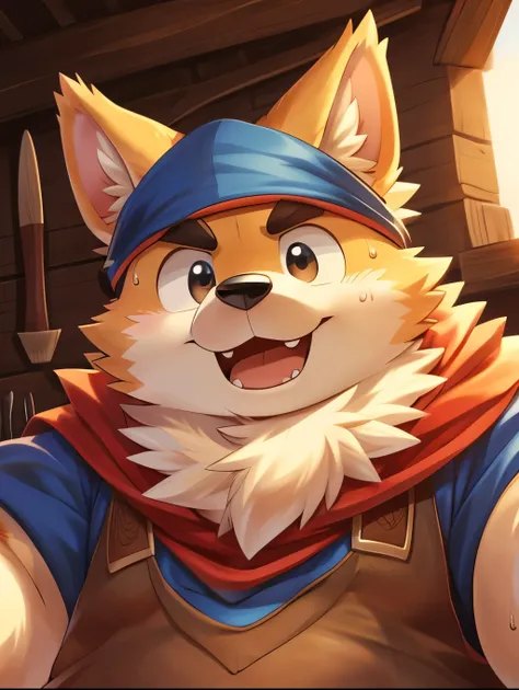 anthro, kemono, Male, Alone, ((round face,  very chubby face , poet Bart)), (( endomorphic body type , alt)), ( adventure costume ), ((domestic Dog, Dog) Fluffy fur, Fluffy), ( in a medieval workshop), (forge), (sweat:1.2), surrounded by tools , ( high qua...