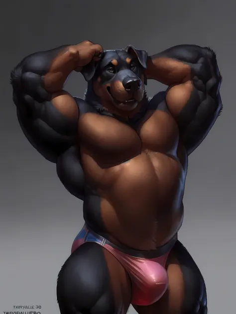 rottweiler, Rottweiler_Anthro, high quality, best resolution, posted on e621, male, adult, older male, solo, masculine, very muscular:1.4, heavyweight body:1.3, (big pecs, large pectorals):1.2, biceps, lats, anthro body, (black background, gradient backgro...