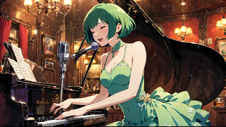  beautiful woman singing in an Irish pub ,  leaning back on a grand piano and wearing a sexy dress,  short hair, Ghibli style art style , dandy gentleman playing piano ,  beautiful woman singing on a microphone stand .