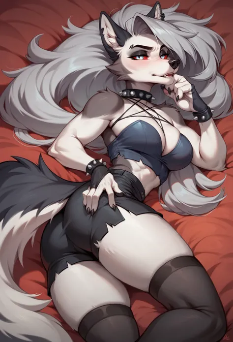 ultra detailed, masterpiece, highest quality, 4k resolution, Loona, hellhound, anthro, wolf fur, wolf ears, wolf tail, seductive, sexy outfit