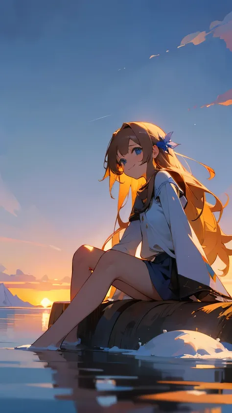 (( best quality)), ((masterpiece)), ( in detail), 1 girl, girl ,  flat chest , ocher hair,  long hair, Hair in the wind,  blue eyes ,  loose wear, white twist ,  a white shirt , black sleeves , bare legs, one flower , blue flower ,  hovers in the air, morn...