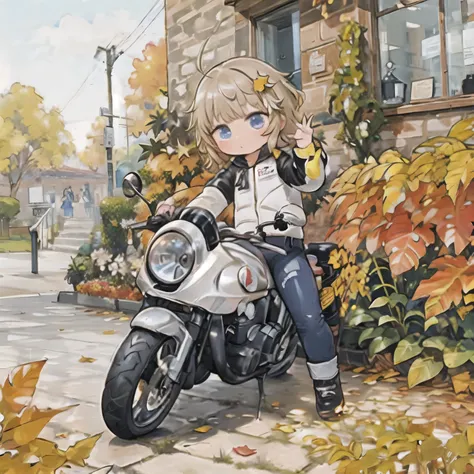 (masterpiece, best quality:1.2), a young girl rides a motorcycle, alone, fall leaves for vaginal discharge，