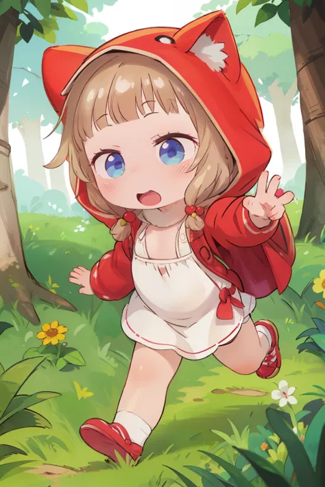 masterpiece，Best Quality，Cute doodles，Cheerful, Honor student，  short stature  ，  Little Red Riding Hood in a cat costume，Running from deep in the woods  ， with a playful gesture ，