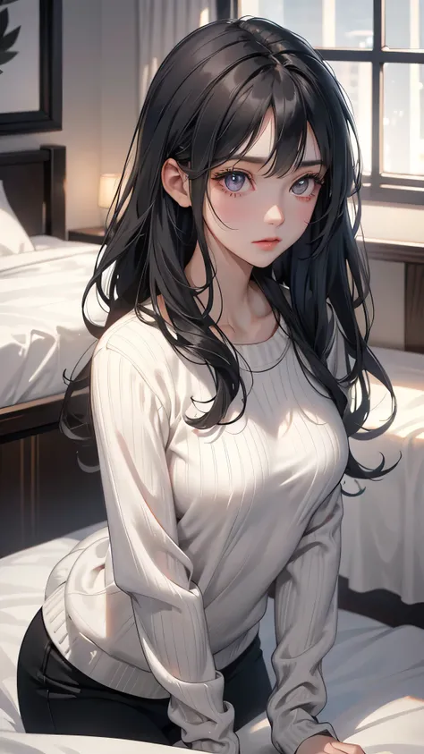 Young girl, Long Black hair, Curly hair, Gray eyes, upper body,4k resolution, small breast, Wearing white Sweater, high quality cg, beautiful cg, soft light, bed room, Looking at Viewer, black hair