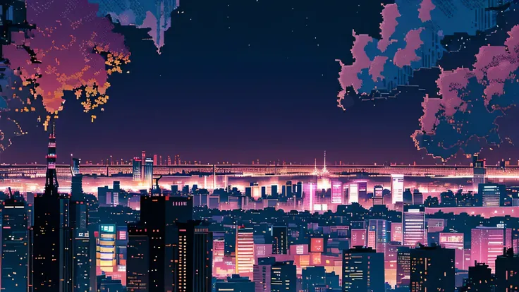 tokyo, several skyscrapers and office buildings, 2 d pixel, night time, ligt pink colour, aesthetic.