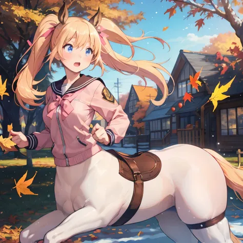 masterpiece, ultra-high-definition cg, best quality ,  young girl，centaur，  pink twin tails  ,winter uniform， brown elementary s...