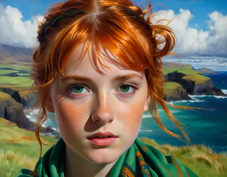 (bipolar background ):(young girl Isabel Moner-SMF, Dora)), (((view down))) (low camera view ). (  hyperrealistic  ), Very short orange hair,   expressive green eyes  , [freckles],  Hawaiian tunic, scotish mini kilt , sports, Sweaty,  medium breasts , aest...