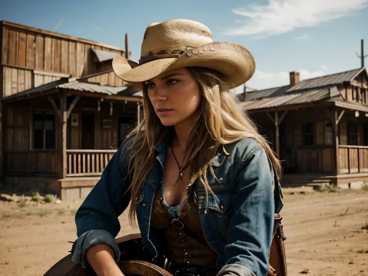 close-up of a female cowboy in grungy, dirty clothing, long blond hair, cowboy hat, sitting on a horse, in the middle of a dusty 1880s Main Street, gun raised, dramatic lighting, old wooden buildings in the background, dust swirling in the air, reminiscent...