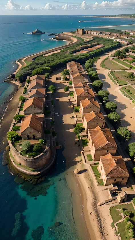  An aerial view of the island of Gorée ,  with the calm sea surrounding the island .  We see colonial buildings with red roofs and narrow streets lined with stones.  The sun shines on the horizon , creating an atmosphere of calm ,  but also of underlying t...