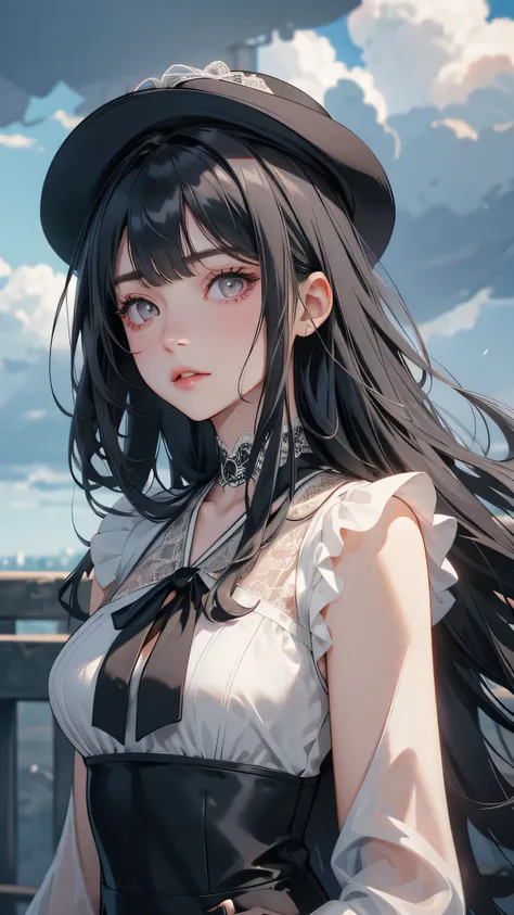 Upper body, elegant, 1girl , long Black hair, gray eyes, soft light, high quality, 4k resolution looking at viewer, on_front,
(wavy hair:0.8), black hair, cloudy sky,Blunt Bangs, Gray eyes, classic dress,lace,hat