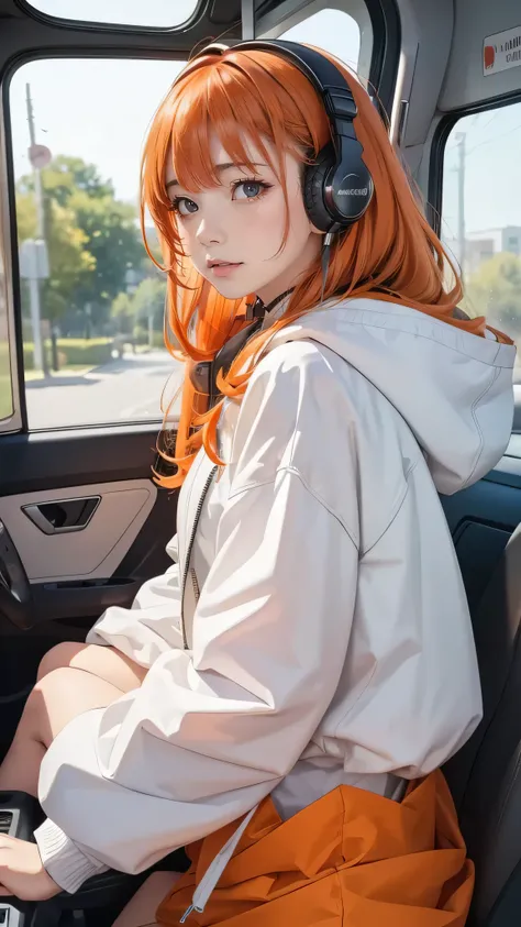 (masuter piece、side lights、 ultra-detailed、inely detailed beautiful eyes: 1.2)、1girl in、bags、buliding、from side、headphones、hoods、hood down、hooded jacket、parka、jaket、Long、orange color hair、redhair、solo、train、inside of a car、The upper part of the body、​maste...