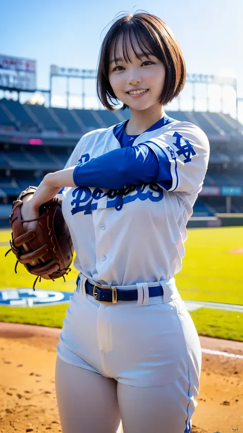 Best Quality,masterpiece, super high definition, highdefinition RAW color photo, professional photography, natural skin texture, fine skin, hyperrealism , Japanese Female,(smile,Laugh happily,gigantic breasts, shortcut hair),(((Watching baseball,Dodger Sta...