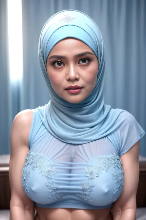 Wet Medium body portrait, Floral Pattern Transparent, ((SHORT HIJAB)), ((Gigantic :1)), (dynamic photograph of a 58 year old Indonesian woman), (slim top, cotton panties), (straight non curly hair), (highly detailed face:1.4), (vascular muscles and abs:1.3...