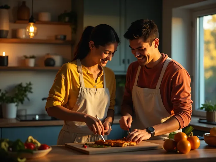 multicultural couple cooking at home, cozy and modern ambiance, warm lighting.  shot with natural light,  cinematic feel, using ...