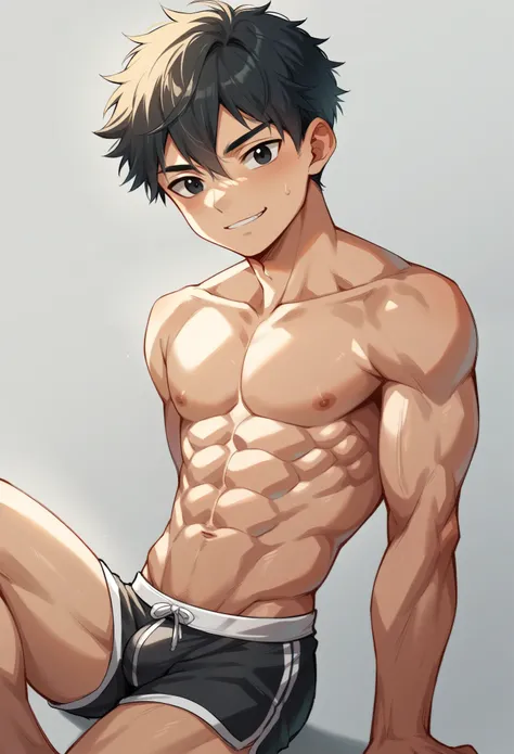 1young boy,shota, black eyes,  low bun,hair muscular body, arrogant smile, simple background, sexy abs, shirtless. stron legs, eight pack abs, sexy 