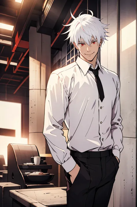 young white,  red eyes, smile, beautiful, high, white shirt, black pants, black tie, stylish hair, white hair, cups, casual clothes