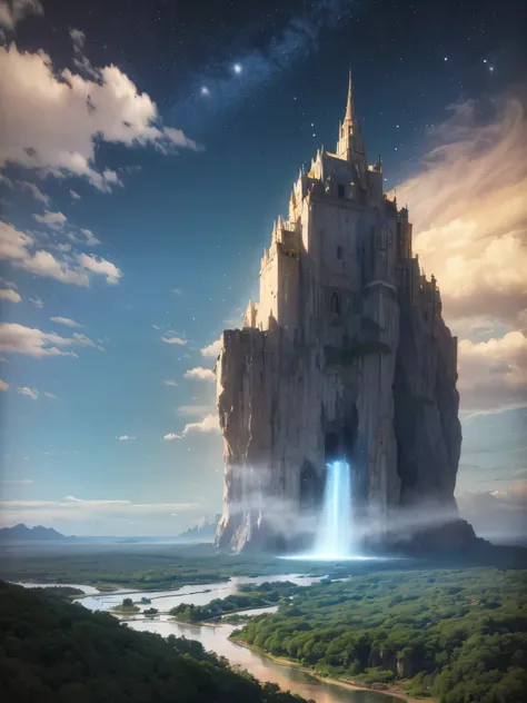 (8k, highest quality, masterpiece, final fantasy style: 1.2), (unRealistic, photoRealistic: 1.37), Dreamy landscape, Fantasy, Unsurreal landscapes, Super detailed, Flying Castle, Floating Island in the Sky, Seven-colored swirl of light, Intense lightning, ...