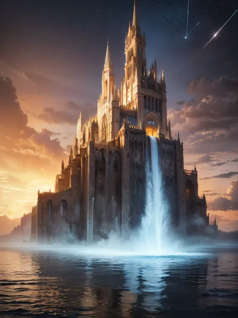 (8k, highest quality, masterpiece, final fantasy style: 1.2), (unRealistic, photoRealistic: 1.37), Dreamy landscape, Fantasy, Unsurreal landscapes, Super detailed, Flying Castle, Floating Island in the Sky, Seven-colored swirl of light, Intense lightning, ...