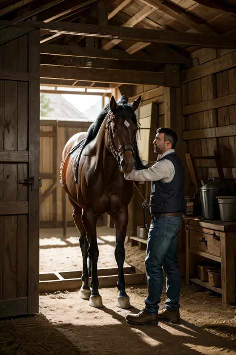 A man taking his horse in the stable, de chapeu e coldre