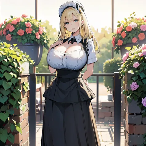 blonde hair, very huge  tits , ((maid uniform, maid hat, long skirt)), ((thick, busty)), amber eyes,  upperbody, smile, cleavage...