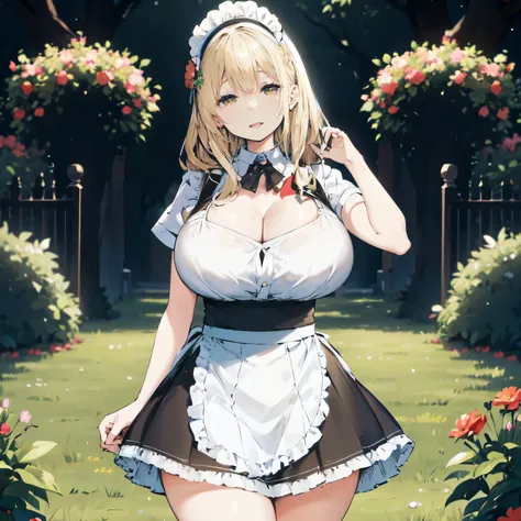 blonde hair, very huge  tits , ((maid uniform, maid hat, long skirt)), ((thick, busty)), amber eyes,  upperbody, smile, cleavage...