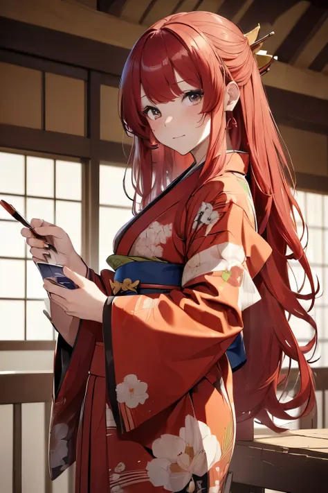 (masterpiece:1.5), (Best Quality:1.2),((( well-prepared face))),One Japanese woman,(((Long red hair ,messy hair))),(((kimono,完全に描かれたkimono))),( Hi-Res:1.2)(( Details)),((standing)),( embarrassing expression )