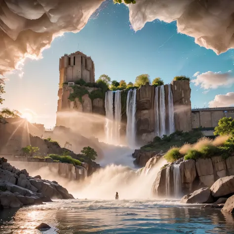 (8k, highest quality, masterpiece, final fantasy style: 1.2), (unRealistic, photoRealistic: 1.37), Dreamy landscape, epic scenes, sunset, Fantasy, Unsurreal landscapes, Super detailed, Flying futuristic  Castle, Floating Island in the Sky, Seven-colored sw...