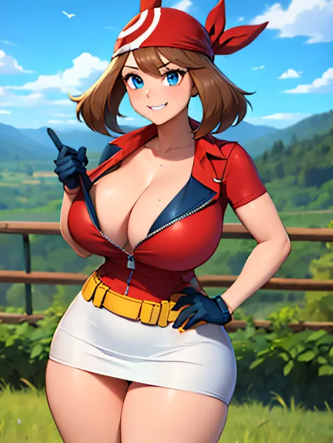 Perfect CG unity 8K UHD wallpaper, Perfect CG unity 8K UHD wallpaper, (masterpiece, best quality:1.2), cowboy shot, zzMay, solo, brown hair, blue eyes, medium hair,perfect,red shirt, bike shorts, red bandana, red shirt, gloves, white skirt, yellow fanny pa...