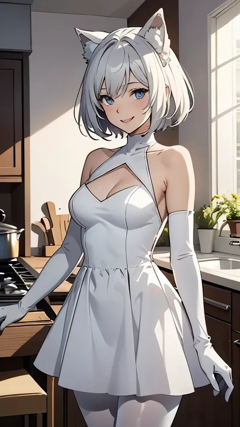   table tops　  high definition 　Best Quality　8k　 Adult female　 sexy　 Anime Style　   white long gloves （   evening dress  ）（satin）　 white dress（  tube top ）　White Pantyhose　White wolf ears　  short hair（（  shortcuts）（Grey Hair）（Perm）（Fluffy））　  blue eyes 　At...