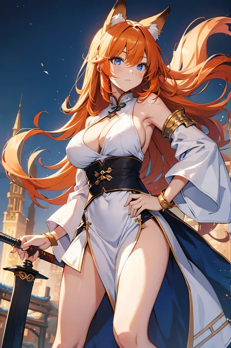 4K, Hi-Res,One Woman, orange hair,long hair,Fox ears,Blue Eyes, huge boobs,Swordsman,White Chinese dress,Sideboob,White long boots, longsword ,Jewelry decoration,Medieval town