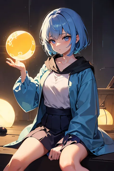 masterpiece， best quality ，( extremely detailed 8k unity CG wallpaper)，(Best Illustration)，(Best shadow)， beautiful and detailed brilliance ，((21 years old))，girl,  blue hair , Short hair, raincoat, Sitting, Sleep while holding a pillow , ((Magic Ball)), (...