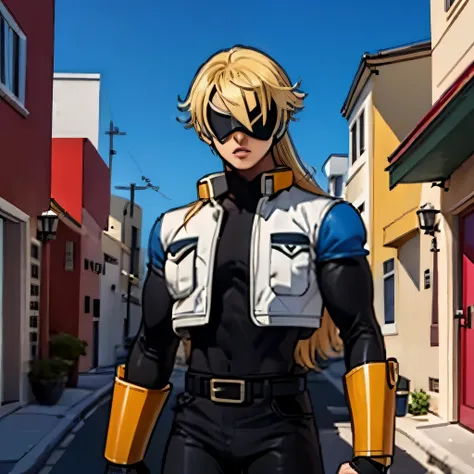 ( Best Quality )(Overall view),Back Alley, Reploid of a man with a cool and handsome face is 18 years old,  Shiny Sentai Hero Suit, 18 years old, Tall, Long Hair,  Hero Eye Mask , 