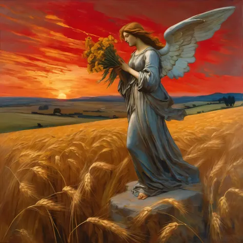 Pre-Raphaelite masterpieces of oil painting, bright red sky at sunset
of golden wheat fields blowing in the wind.
side view of An old stone statue of an angel standing still, clutching a bouquet of flowers