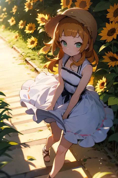 ((Best quality 1.5)), ((masterpiece)1.5), (  Details),  1 girl,  tiny boobs,Beautiful legs, The Idolmaster,Takatsuki Yayoi, Amami Haruka, spreading legs ,Summer vacation,sunflower flower decoration,Footpath,evening,dusk, Facing Here, white dress,Straw hat,...