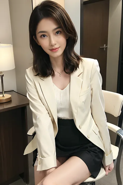 ((BOB hair)), (flat chest:1.5),(SLENDER:1.4),4k,8k,High resolution, fine representation, photographic quality.,25 years old, (Make-up:1.5), Very detailed, High quality, Masterpiece,(tight skirt)(necklace, bracelet, ring),pantyhose, thin legs, thin waist,sh...