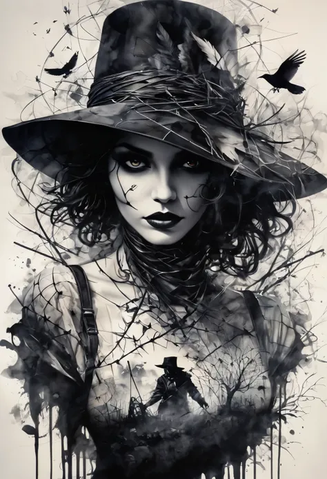 Vektor Create an exquisite ink pintura on white paper that is the perfect multi-exposure work of art. This piece was intended to combine the shadowed volume of a crow and a scarecrow and barbed wire. hiper-realista.estilo de tatuagem, respingo de tinta, co...