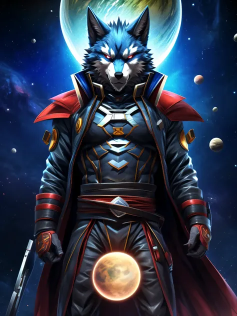 furry, male, anthro, (Wolf Tail), Solo, (Realistic eye details:1.2), (beautiful detailed eyes), anime character there is a Wolf man in a space setting with a planet in the background, dapper dream demon, best anime 4k konachan wallpaper, official artwork, ...