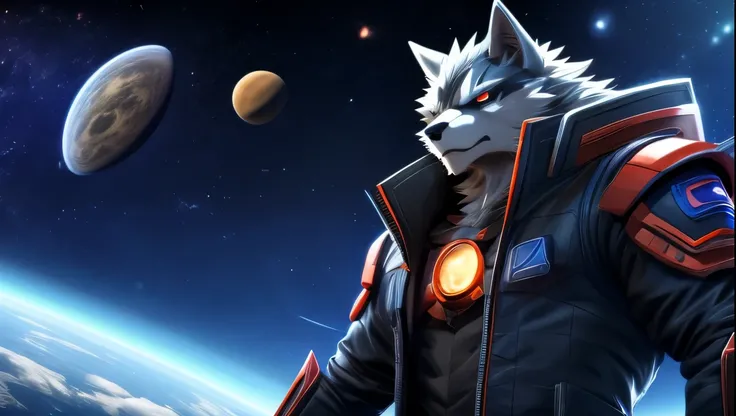 furry, male, anthro, (Wolf Tail), Solo, (Realistic eye details:1.2), (beautiful detailed eyes), anime character there is a Wolf man in a space setting with a planet in the background, dapper dream demon, best anime 4k konachan wallpaper, official artwork, ...