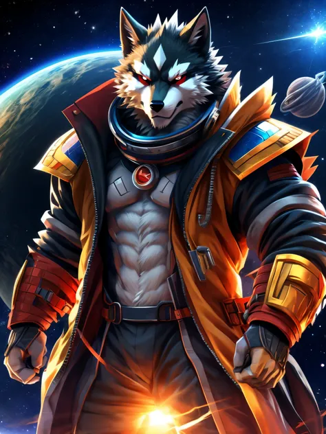 furry, male, anthro, (Wolf Tail), Solo, (Realistic eye details:1.2), (beautiful detailed eyes), anime character there is a Wolf man in a space setting with a planet in the background, dapper dream demon, best anime 4k konachan wallpaper, official artwork, ...