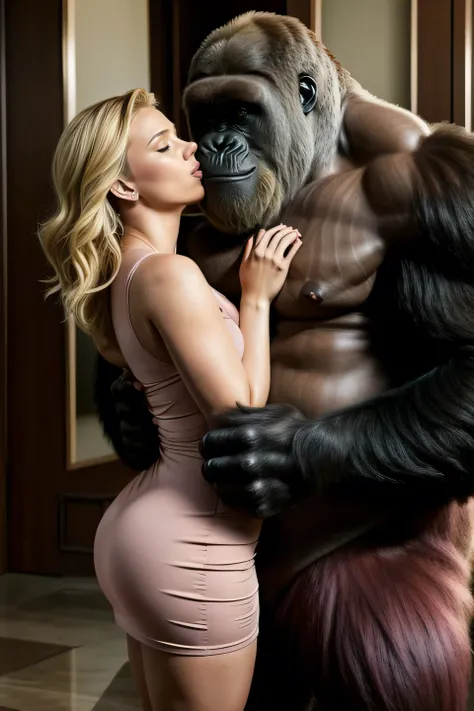 Voluptuous and Blonde Scarlett Johansson with tight pink dress and messy hair hugging and kissing a muscular gorilla,full body.