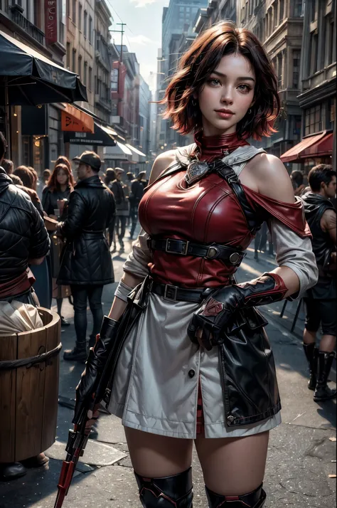 srwby, short hair, black hair, red hair, t-shirt, skirt, boots, gradient hair, grey eyes, standing outside, smiling, (cowboy shot), dynamic pose, standing outside bookshop on city street, crowd, intricate details, tonemapping, sharp focus, hyper detailed, ...