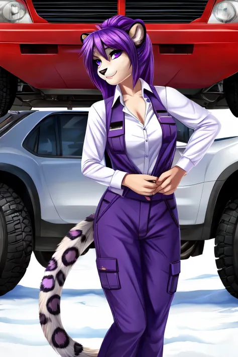 Furry Snow leopard purple eyes purple hair tips and female gender with mechanic clothes